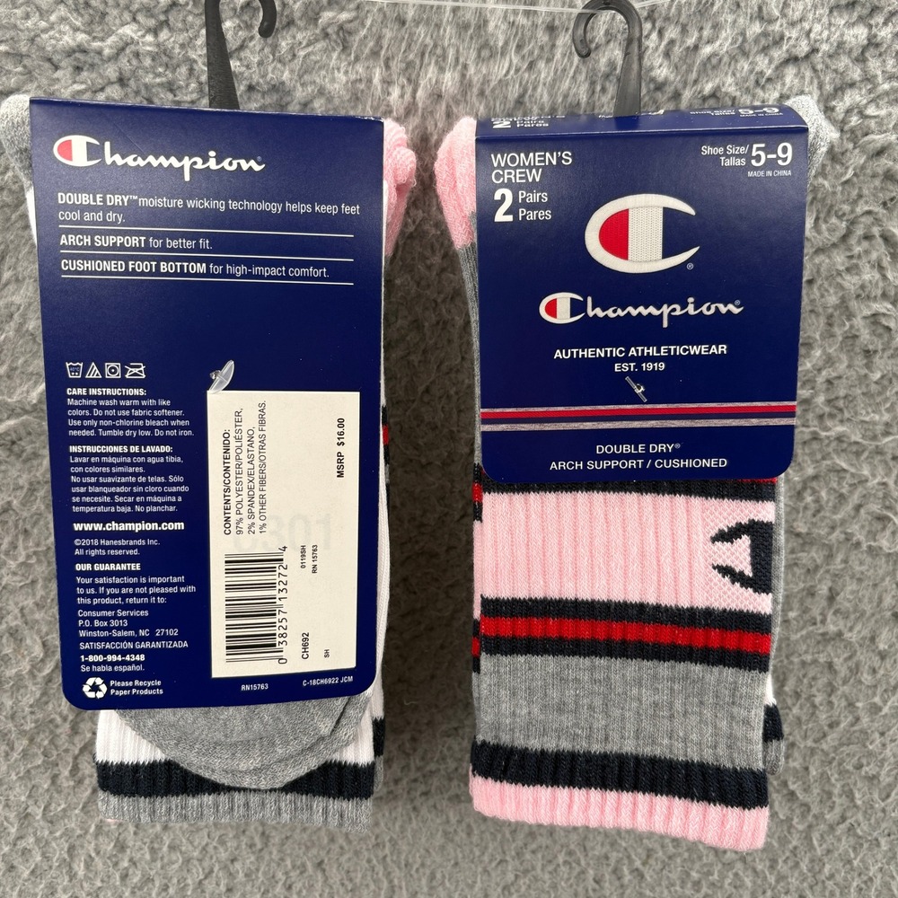 Champion Crew Socks Women Size 5-9 Striped Double Dry 2 Pairs Pink Navy Gray Red
